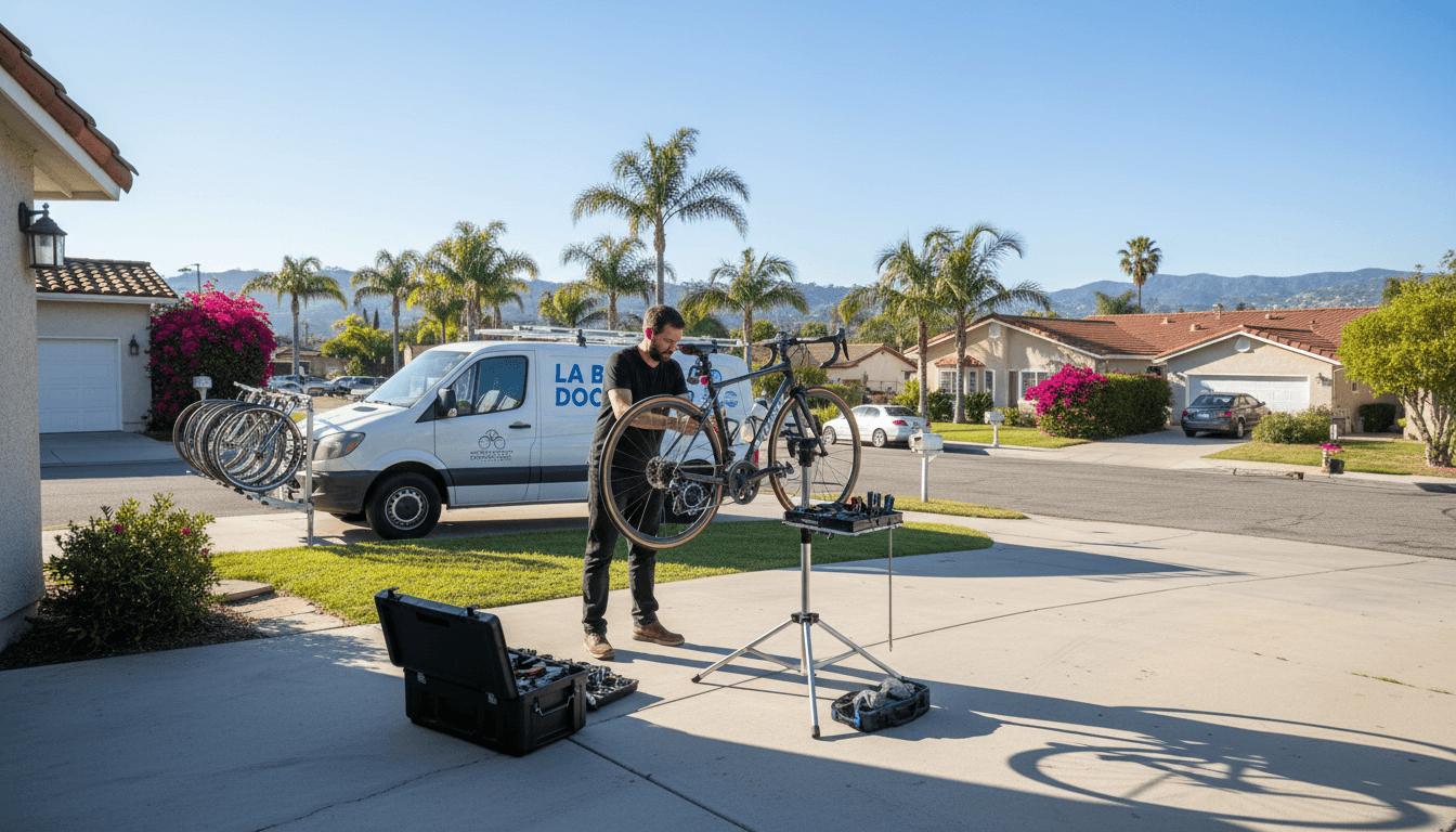 Mobile bicycle mechanic working on a road bike using a repair stand in a driveway