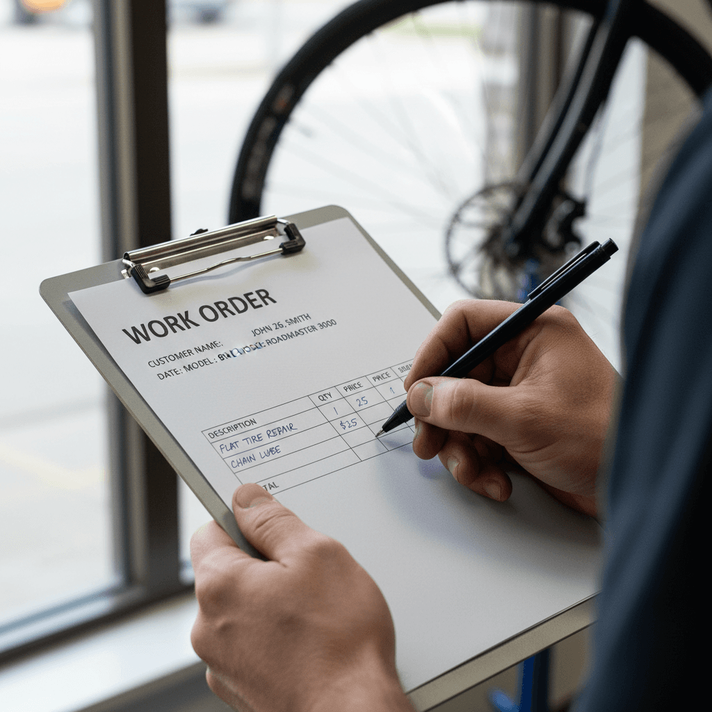 Mechanic filling out a service form on a clipboard