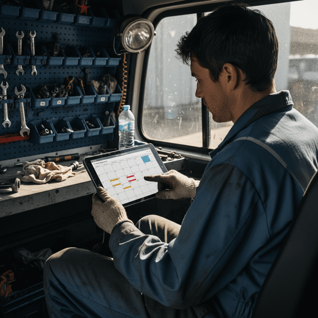 Mechanic looking at a calendar on a tablet inside a van