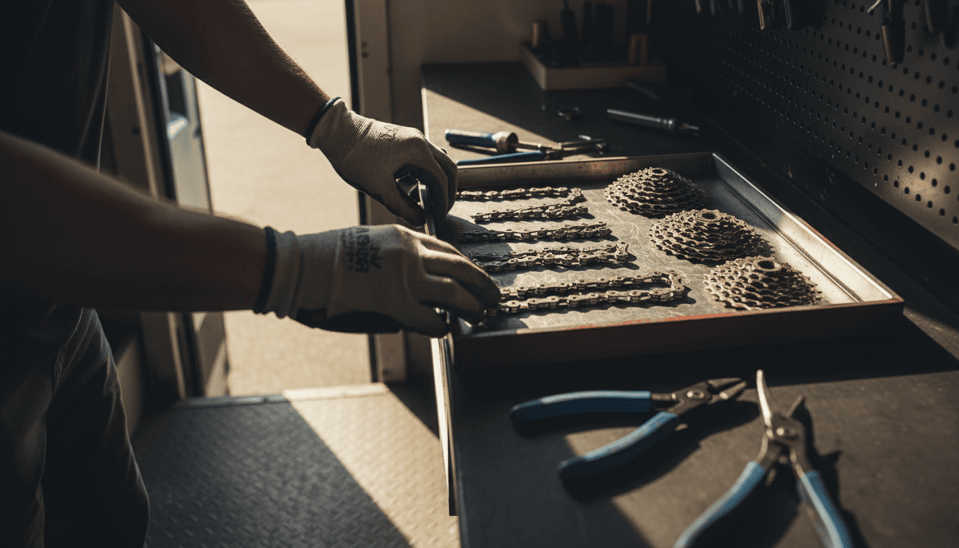 Hands in grease-stained gloves organizing new bike chains, cassettes, and tools on a magnetic tray inside a mobile work van
