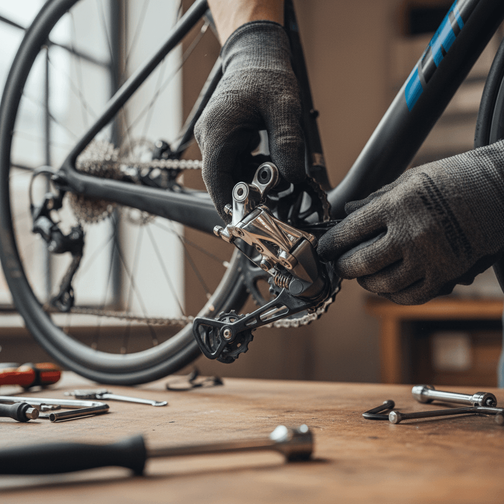 Mechanic adjusting bicycle derailleur with precision tools